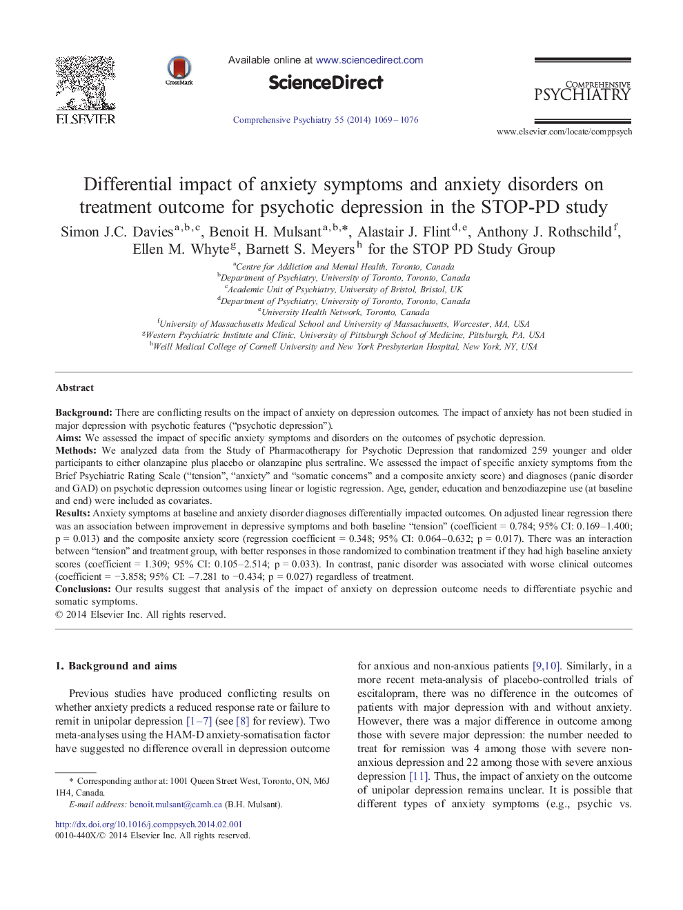 Differential impact of anxiety symptoms and anxiety disorders on treatment outcome for psychotic depression in the STOP-PD study