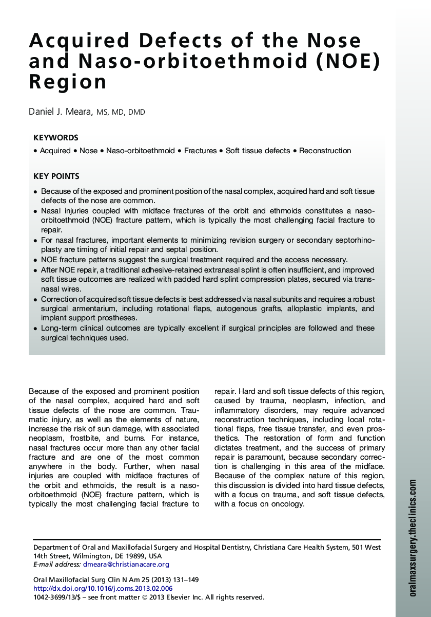 Acquired Defects of the Nose and Naso-orbitoethmoid (NOE) Region