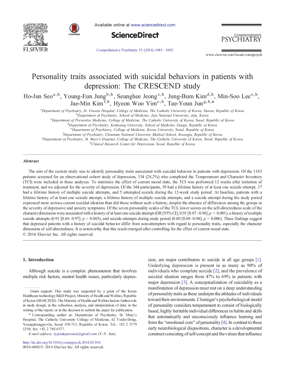 Personality traits associated with suicidal behaviors in patients with depression: The CRESCEND study 