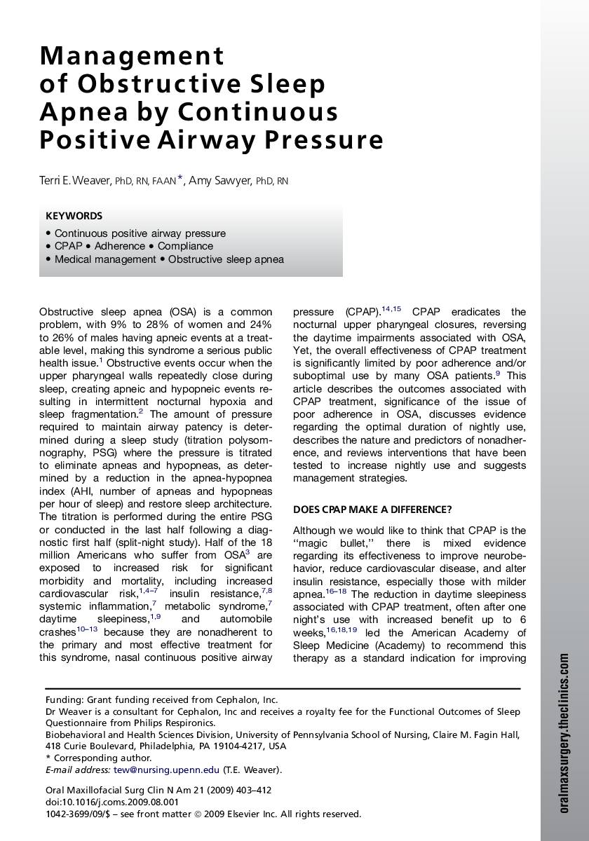 Management of Obstructive Sleep Apnea by Continuous Positive Airway Pressure