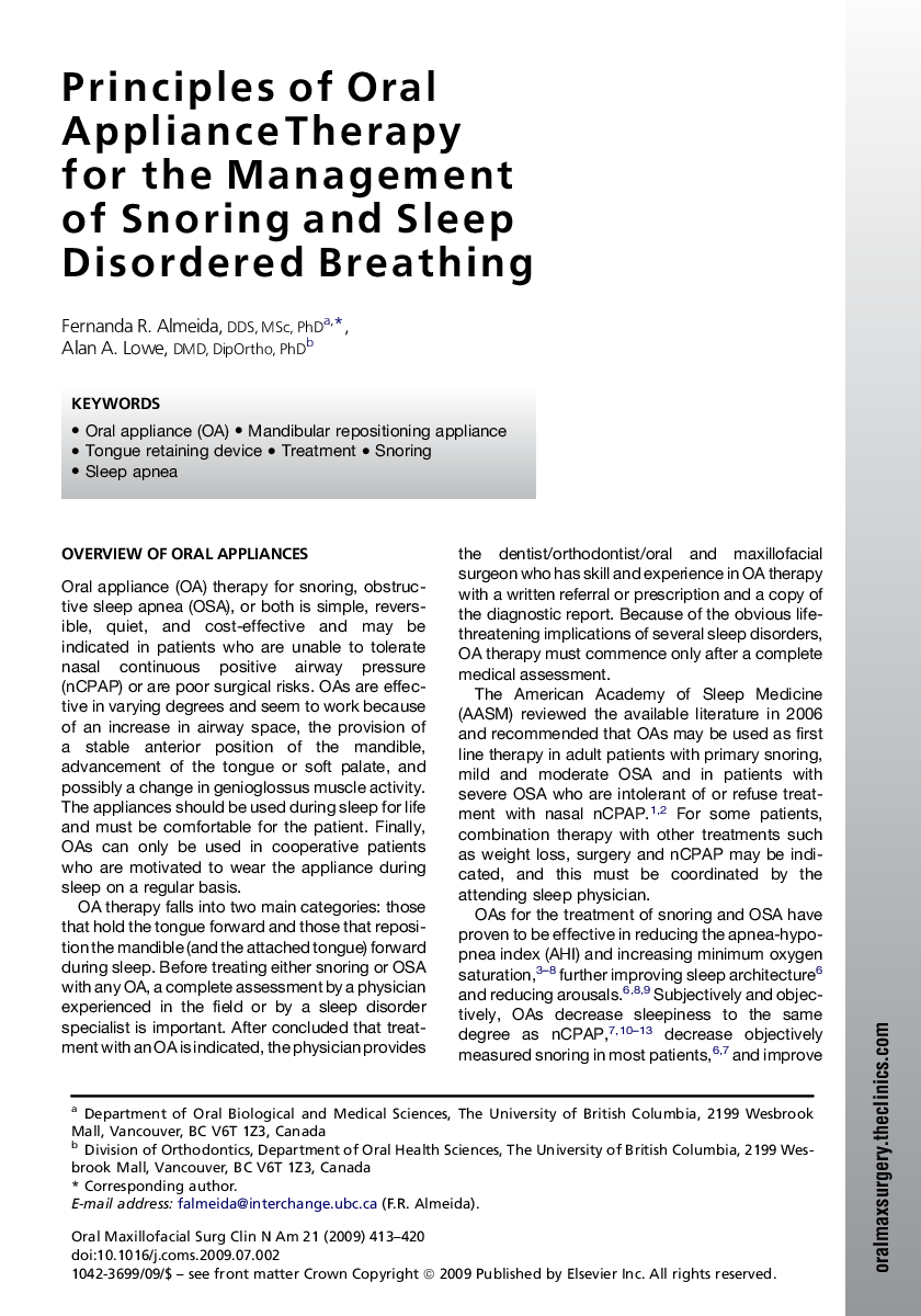 Principles of Oral Appliance Therapy for the Management of Snoring and Sleep Disordered Breathing