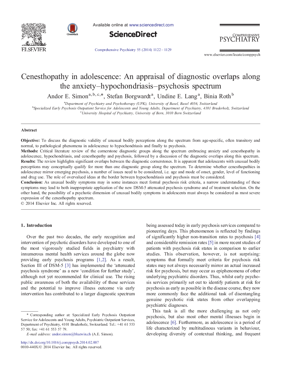 Cenesthopathy in adolescence: An appraisal of diagnostic overlaps along the anxiety–hypochondriasis–psychosis spectrum