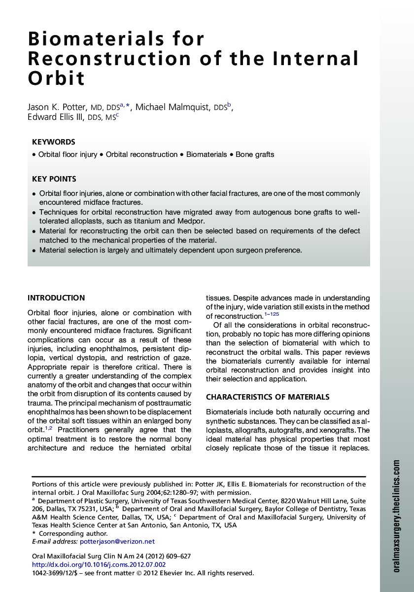 Biomaterials for Reconstruction of the Internal Orbit