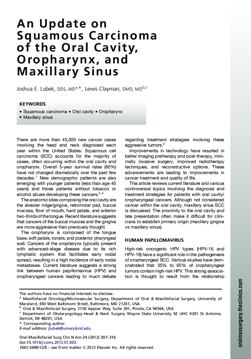 An Update on Squamous Carcinoma of the Oral Cavity, Oropharynx, and Maxillary Sinus