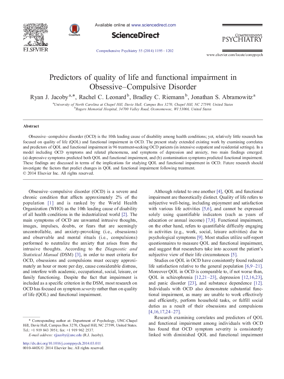 Predictors of quality of life and functional impairment in Obsessive–Compulsive Disorder