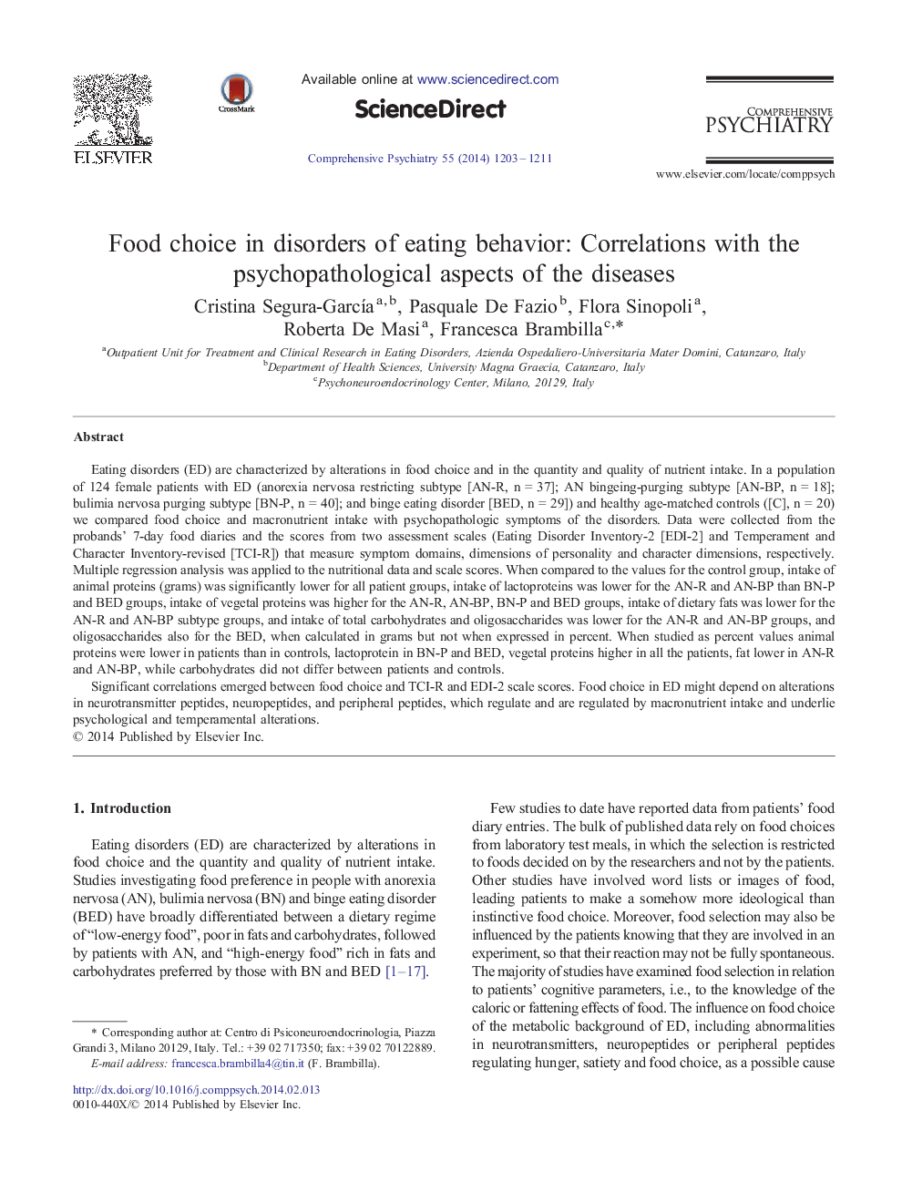 Food choice in disorders of eating behavior: Correlations with the psychopathological aspects of the diseases