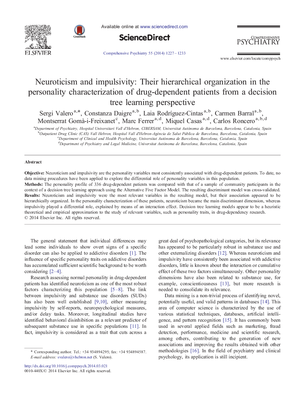 Neuroticism and impulsivity: Their hierarchical organization in the personality characterization of drug-dependent patients from a decision tree learning perspective