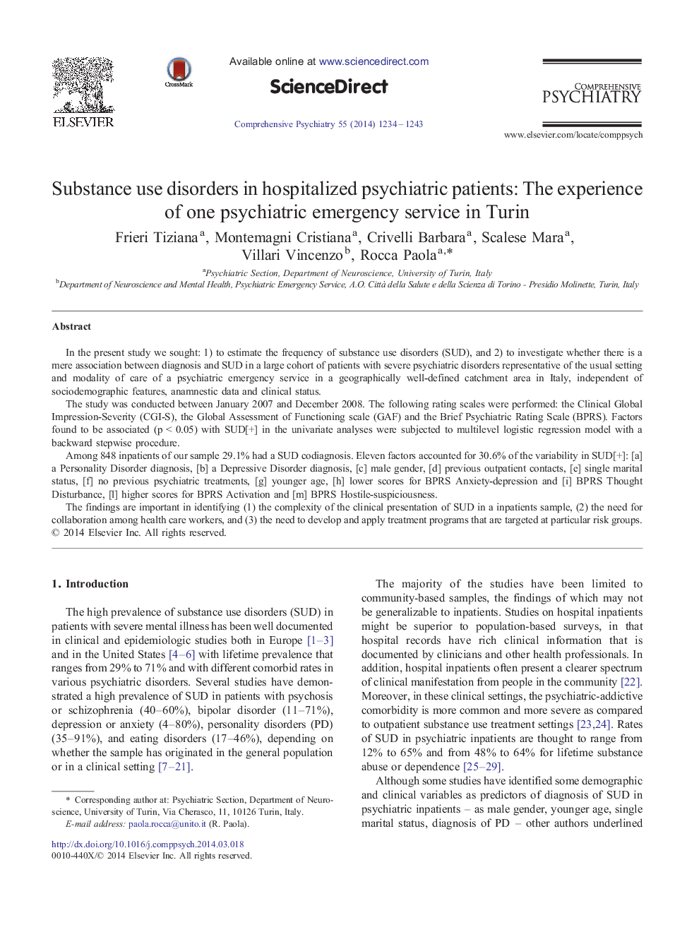 Substance use disorders in hospitalized psychiatric patients: The experience of one psychiatric emergency service in Turin