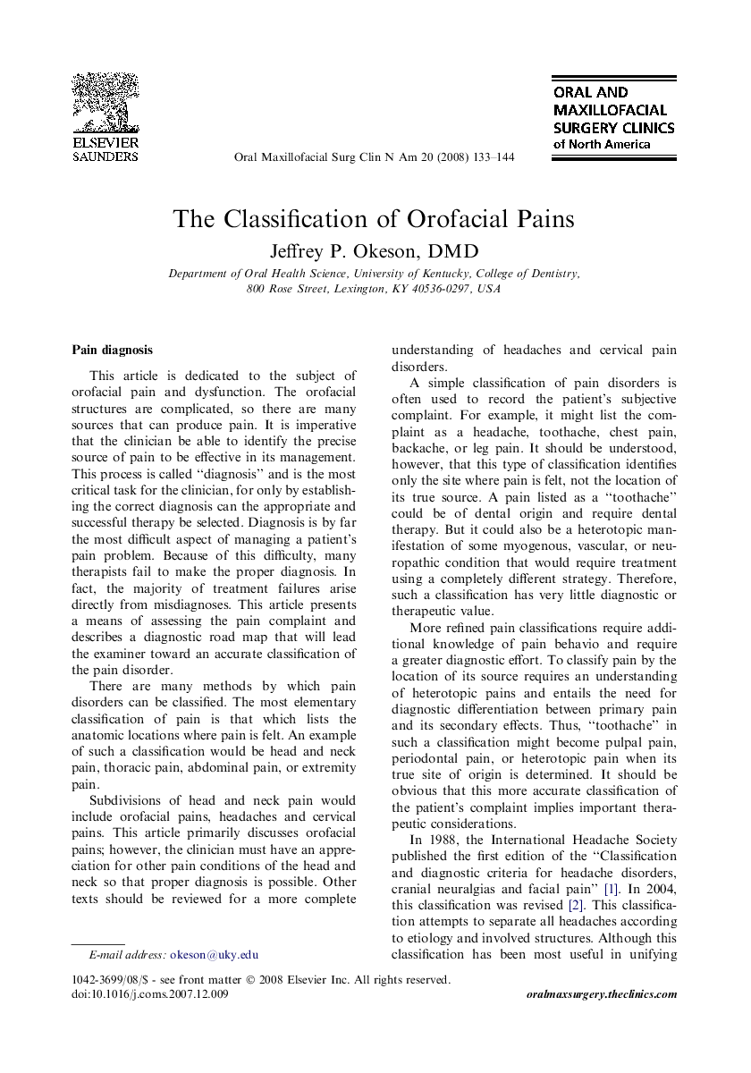 The Classification of Orofacial Pains