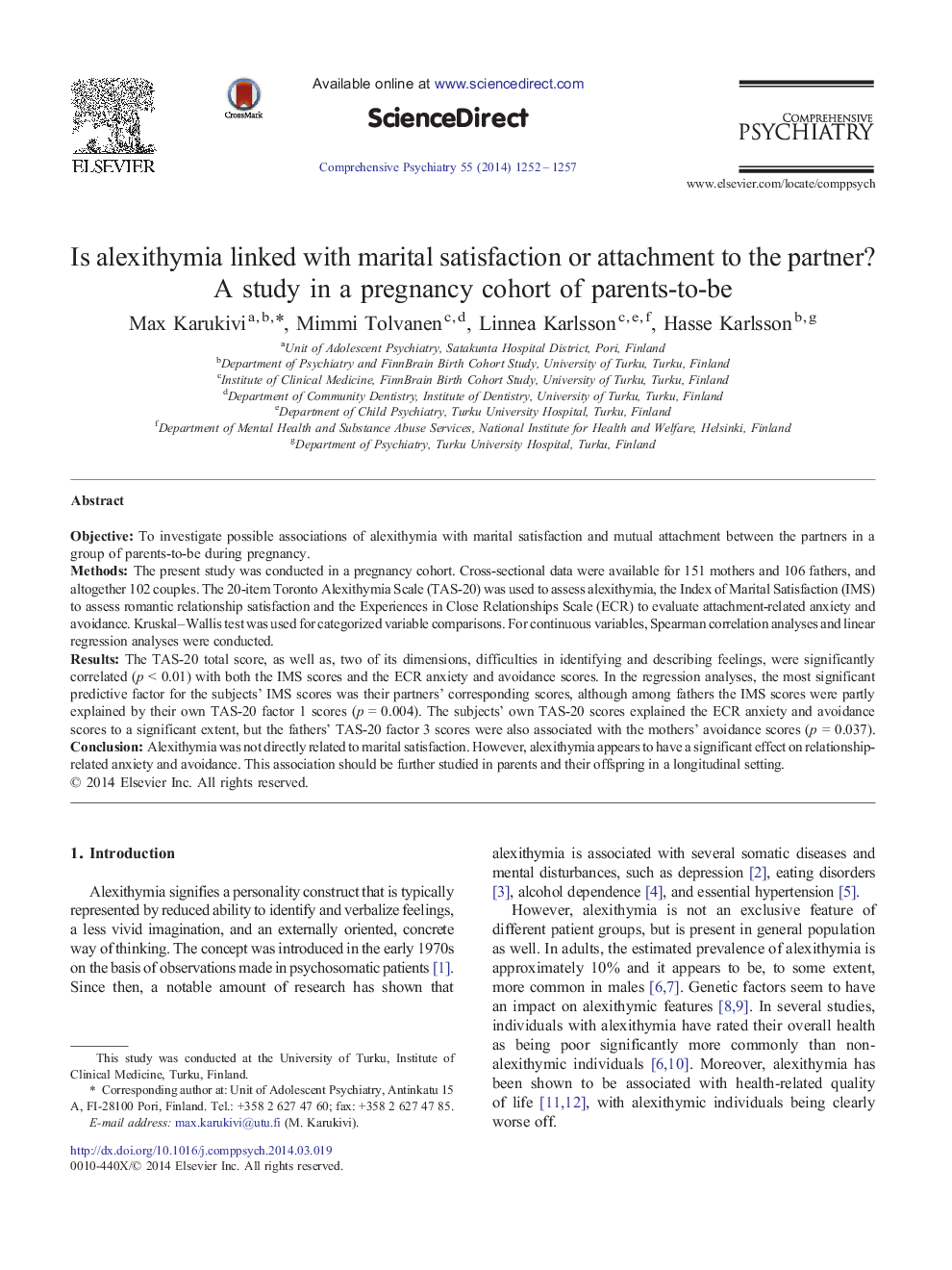 Is alexithymia linked with marital satisfaction or attachment to the partner? A study in a pregnancy cohort of parents-to-be 