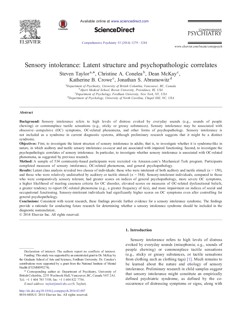 Sensory intolerance: Latent structure and psychopathologic correlates 