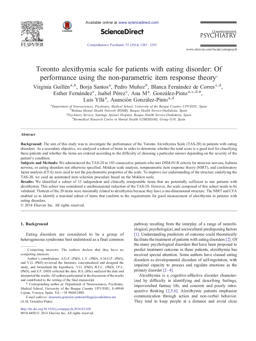 Toronto alexithymia scale for patients with eating disorder: Of performance using the non-parametric item response theory 