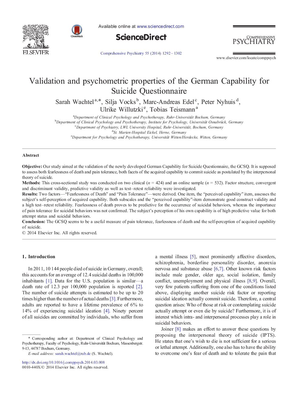 Validation and psychometric properties of the German Capability for Suicide Questionnaire