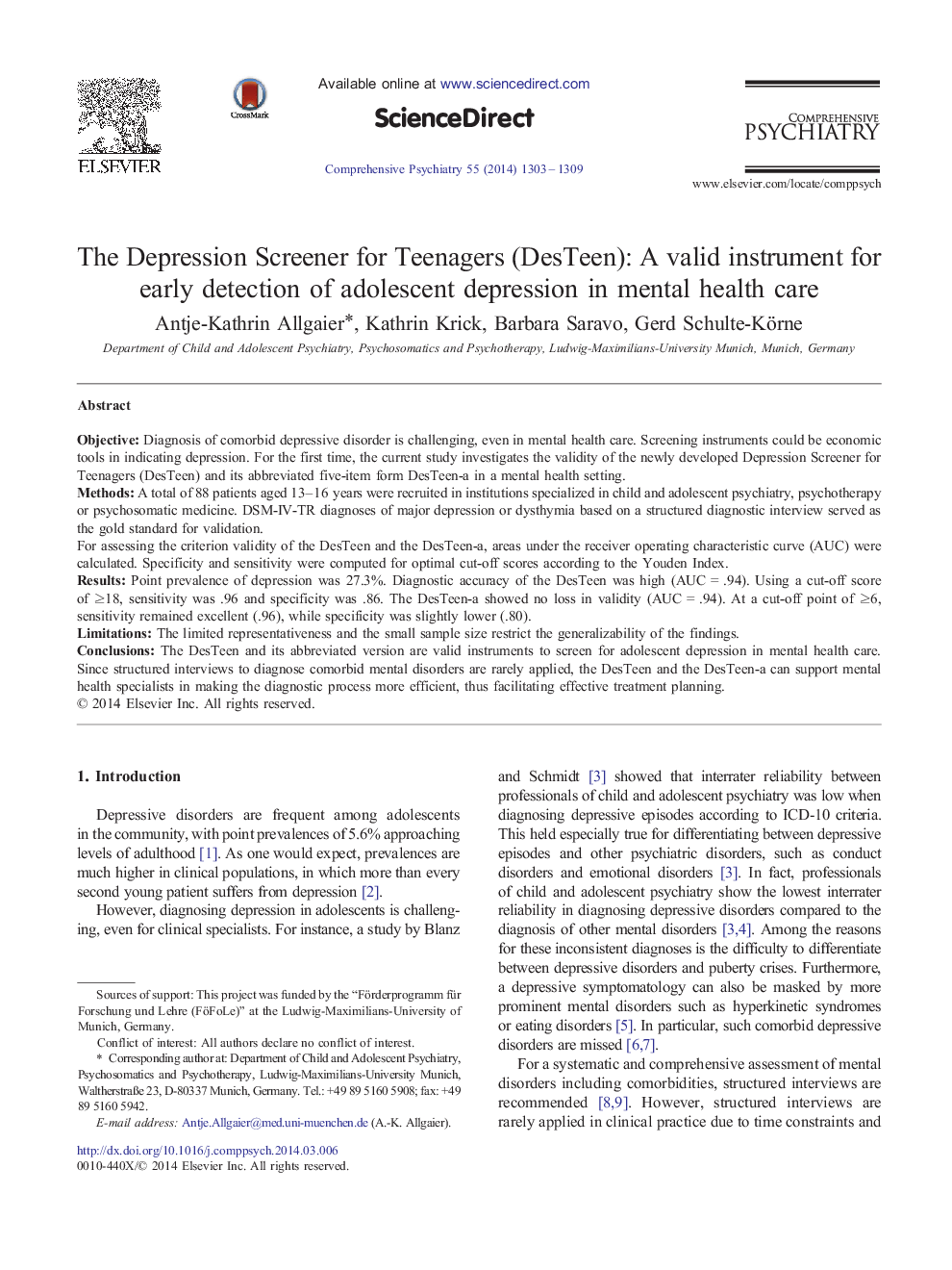 The Depression Screener for Teenagers (DesTeen): A valid instrument for early detection of adolescent depression in mental health care 