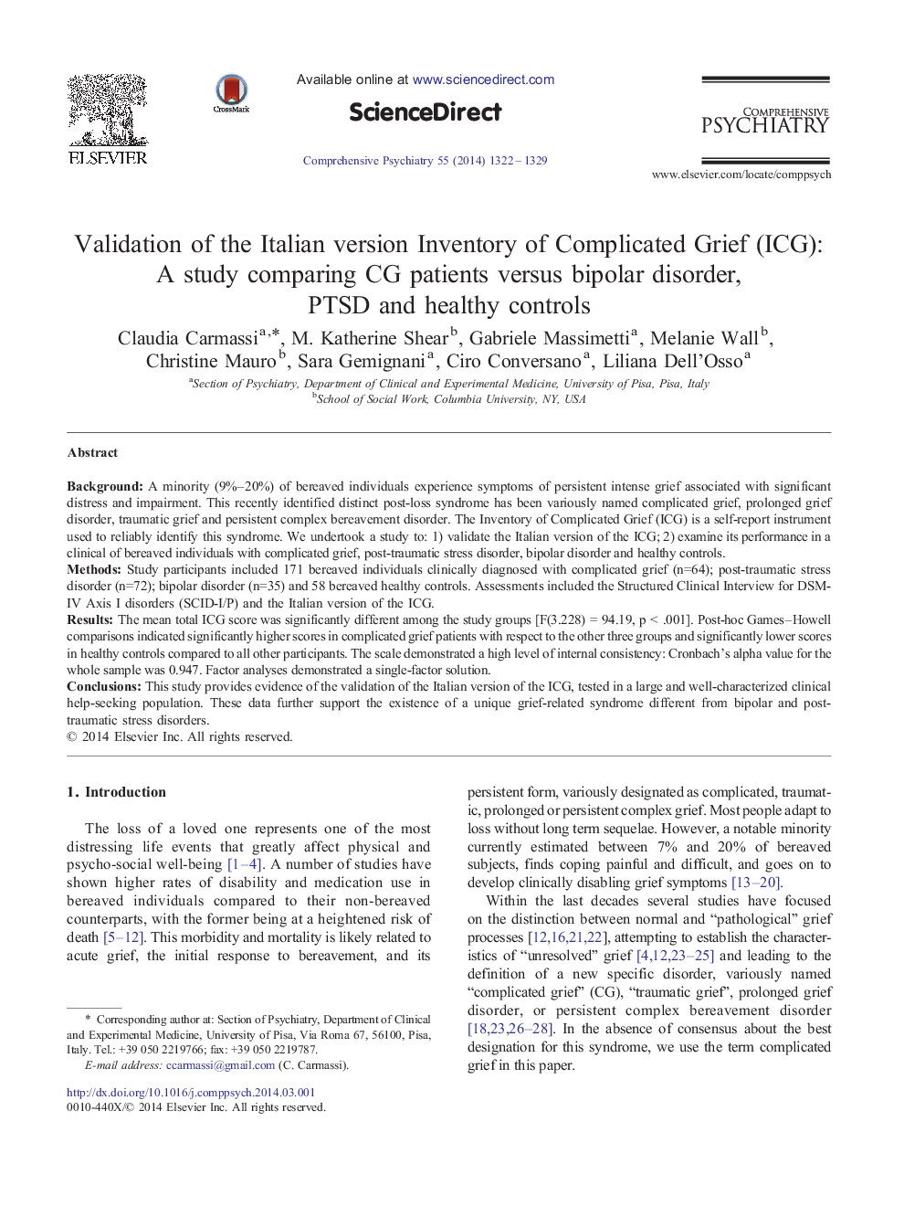 Validation of the Italian version Inventory of Complicated Grief (ICG): A study comparing CG patients versus bipolar disorder, PTSD and healthy controls