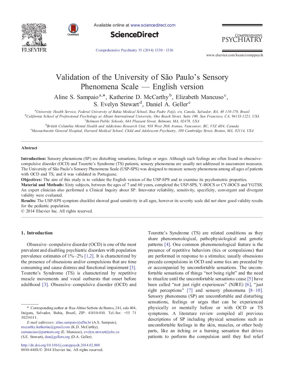 Validation of the University of São Paulo’s Sensory Phenomena Scale — English version