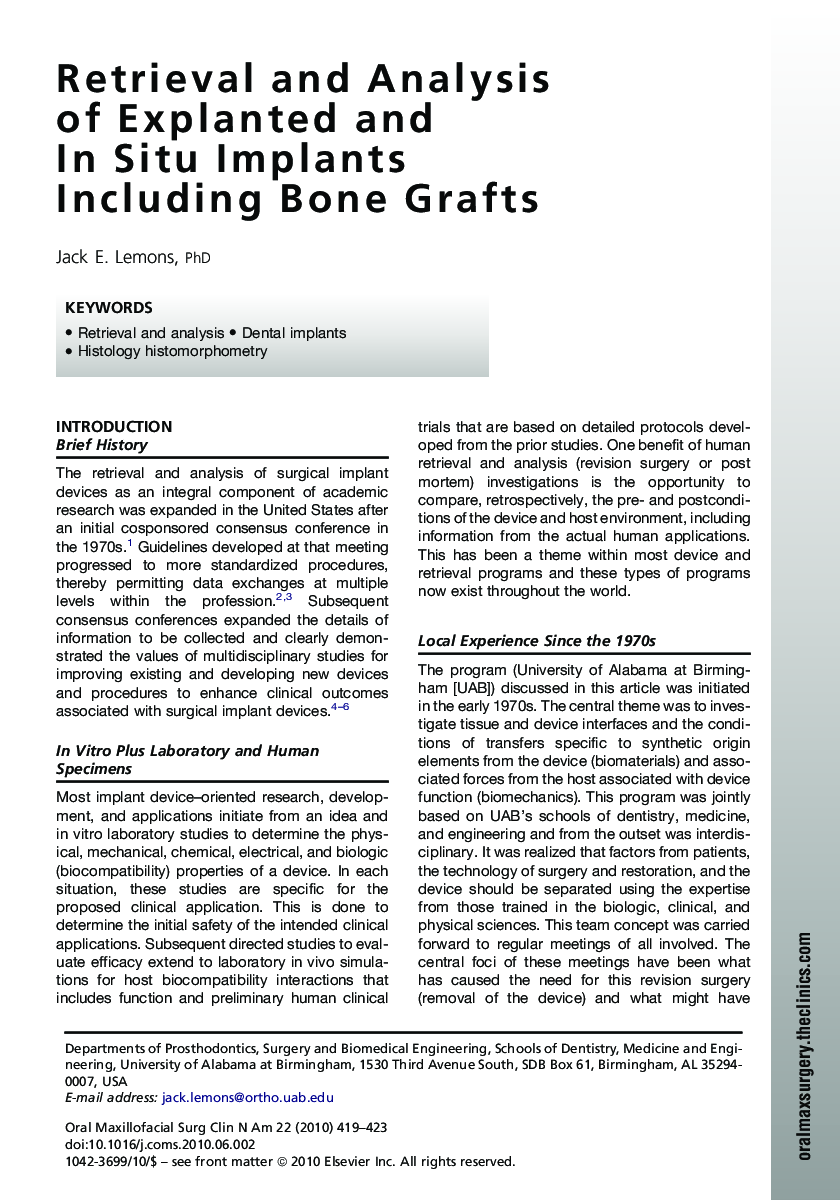 Retrieval and Analysis of Explanted and In Situ Implants Including Bone Grafts