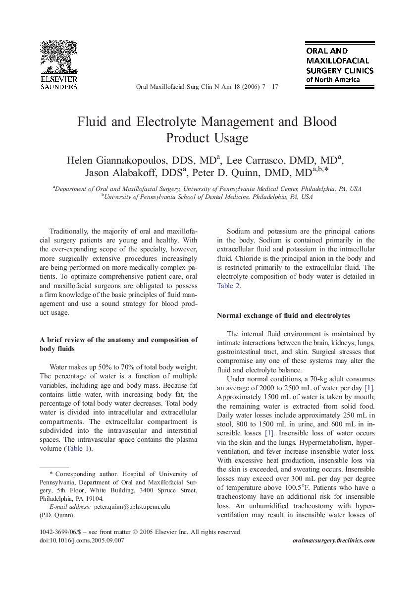 Fluid and Electrolyte Management and Blood Product Usage