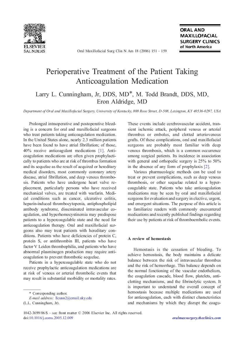 Perioperative Treatment of the Patient Taking Anticoagulation Medication