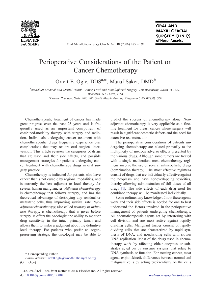 Perioperative Considerations of the Patient on Cancer Chemotherapy