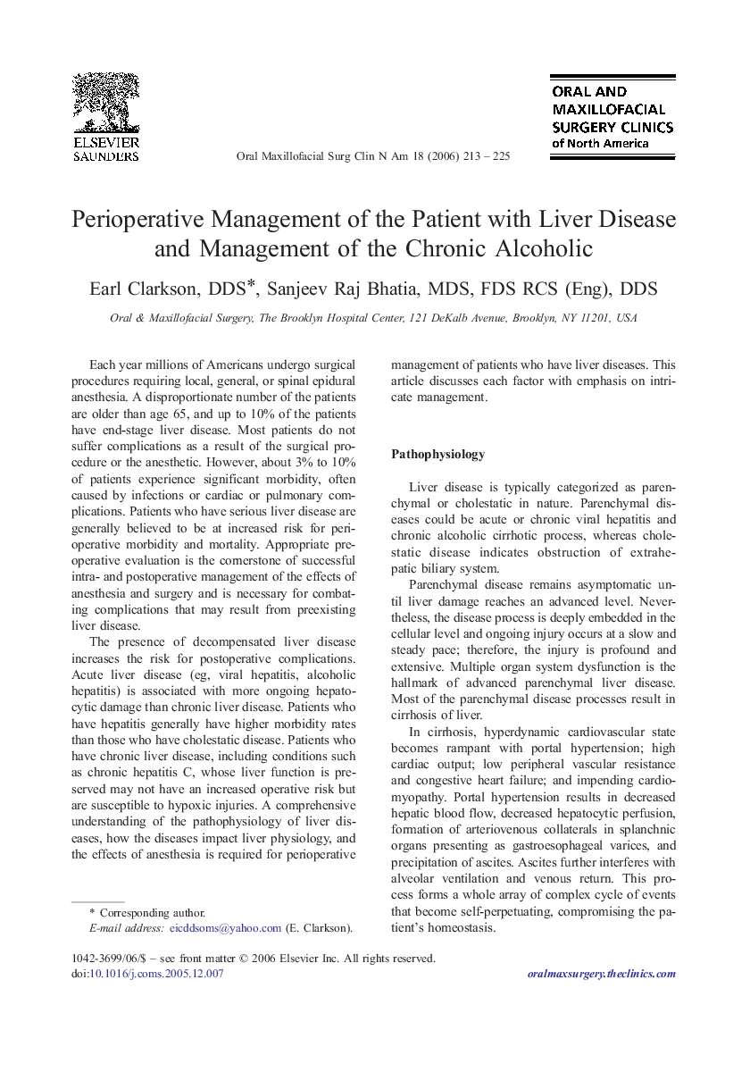 Perioperative Management of the Patient with Liver Disease and Management of the Chronic Alcoholic
