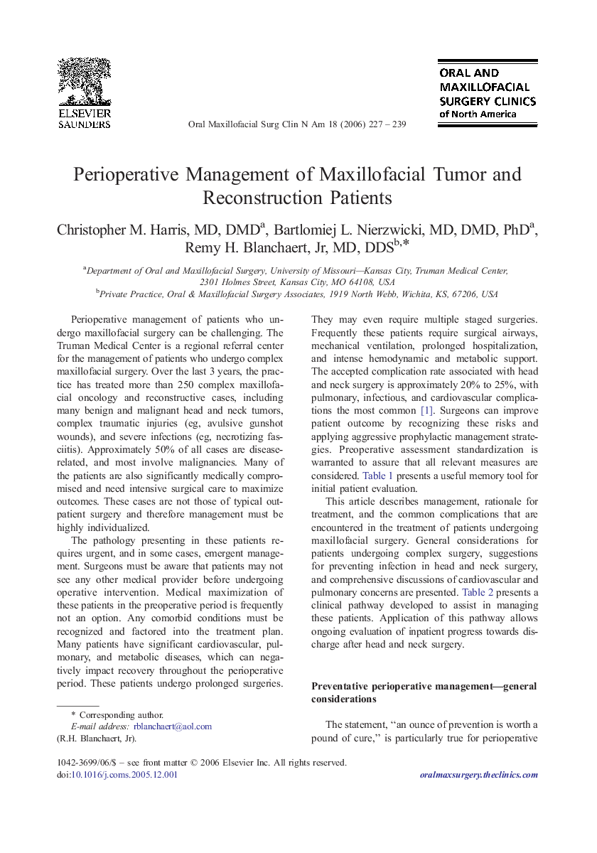 Perioperative Management of Maxillofacial Tumor and Reconstruction Patients
