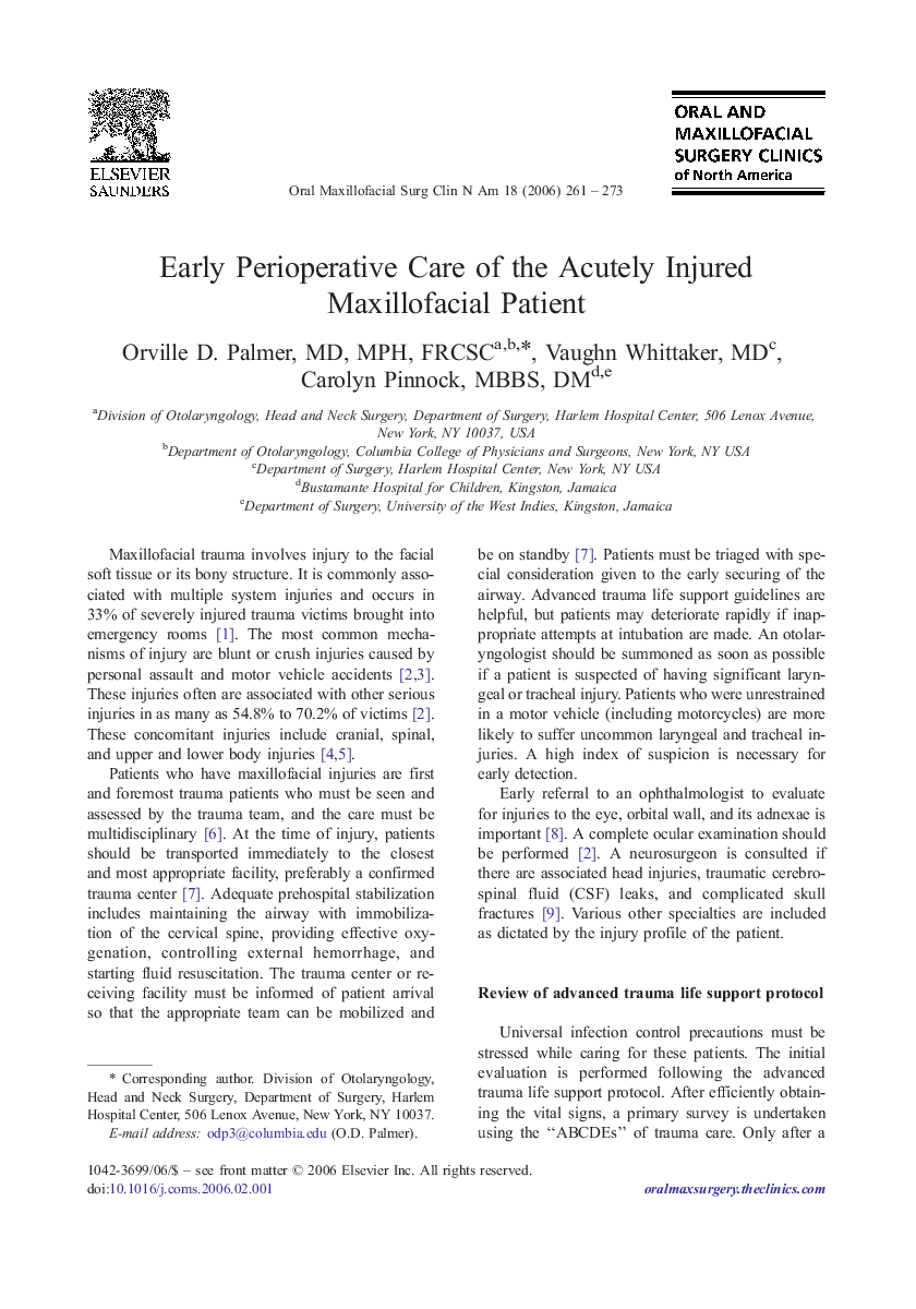 Early Perioperative Care of the Acutely Injured Maxillofacial Patient