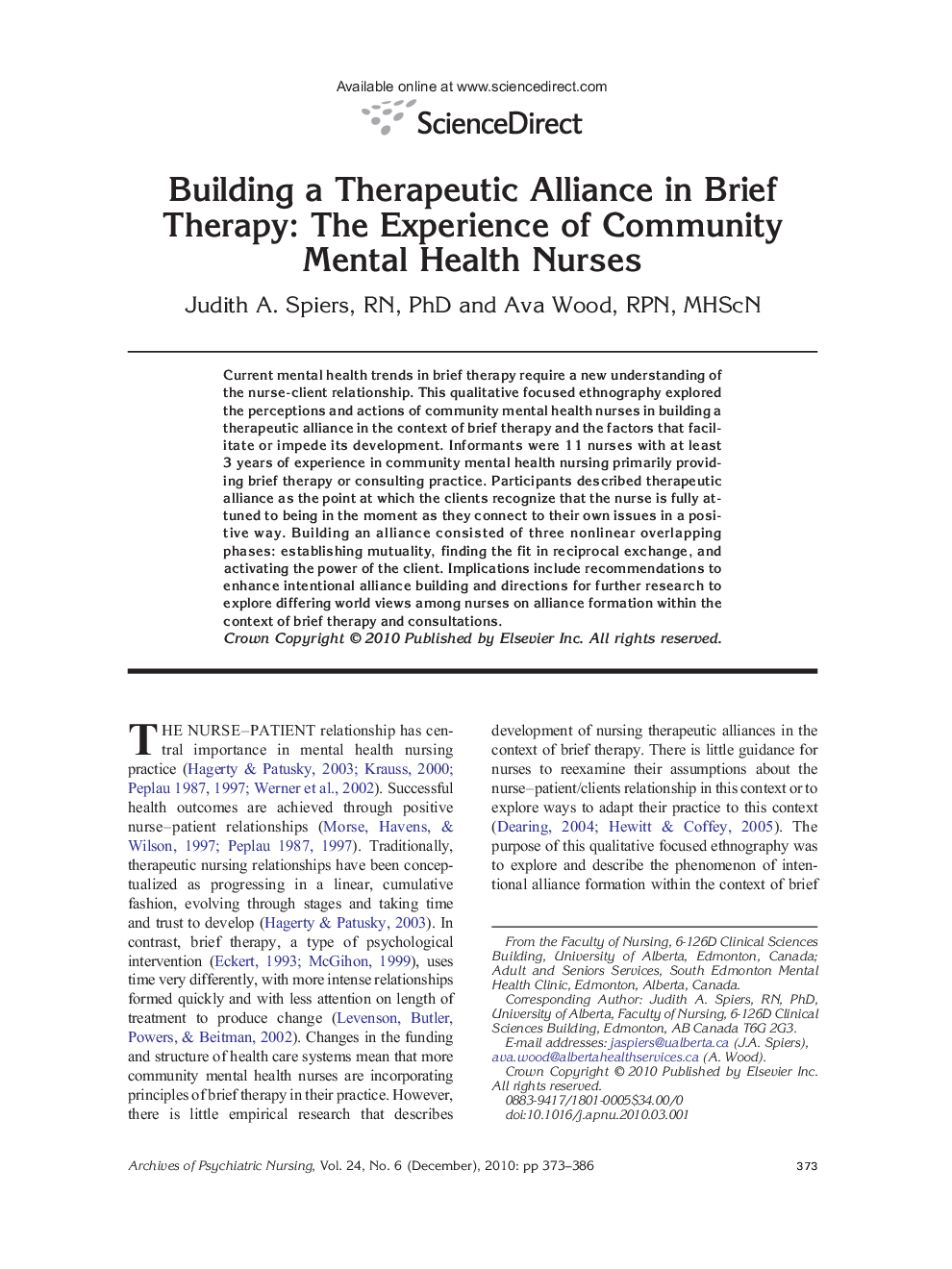 Building a Therapeutic Alliance in Brief Therapy: The Experience of Community Mental Health Nurses