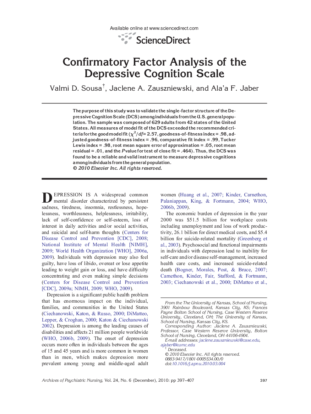 عکس صفحه اول مقاله: Confirmatory Factor Analysis of the Depressive Cognition Scale Confirmatory Factor Analysis of the Depressive Cognition Scale