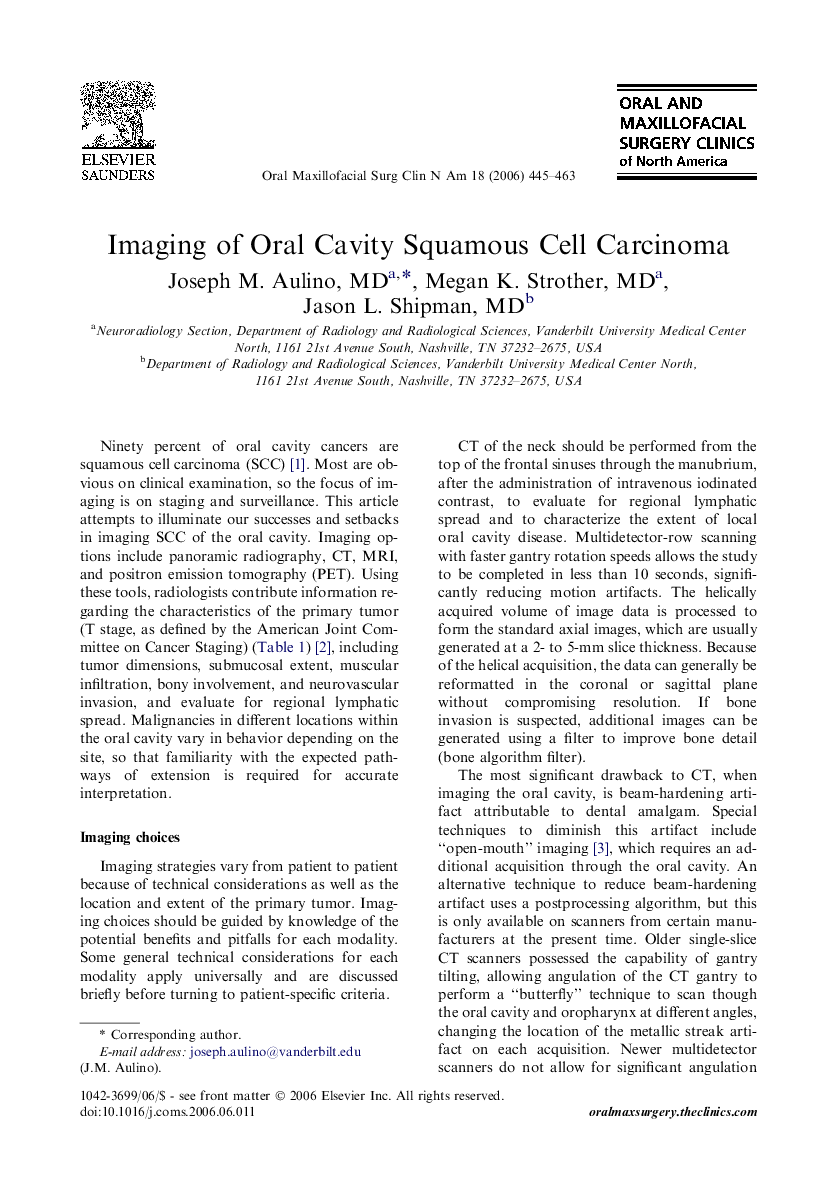 Imaging of Oral Cavity Squamous Cell Carcinoma