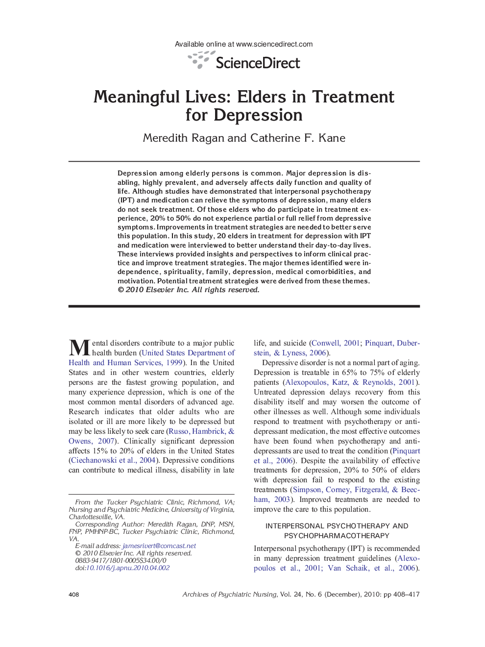 عکس صفحه اول مقاله: Meaningful Lives: Elders in Treatment for Depression Meaningful Lives: Elders in Treatment for Depression