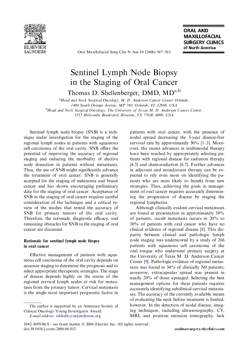 Sentinel Lymph Node Biopsy in the Staging of Oral Cancer