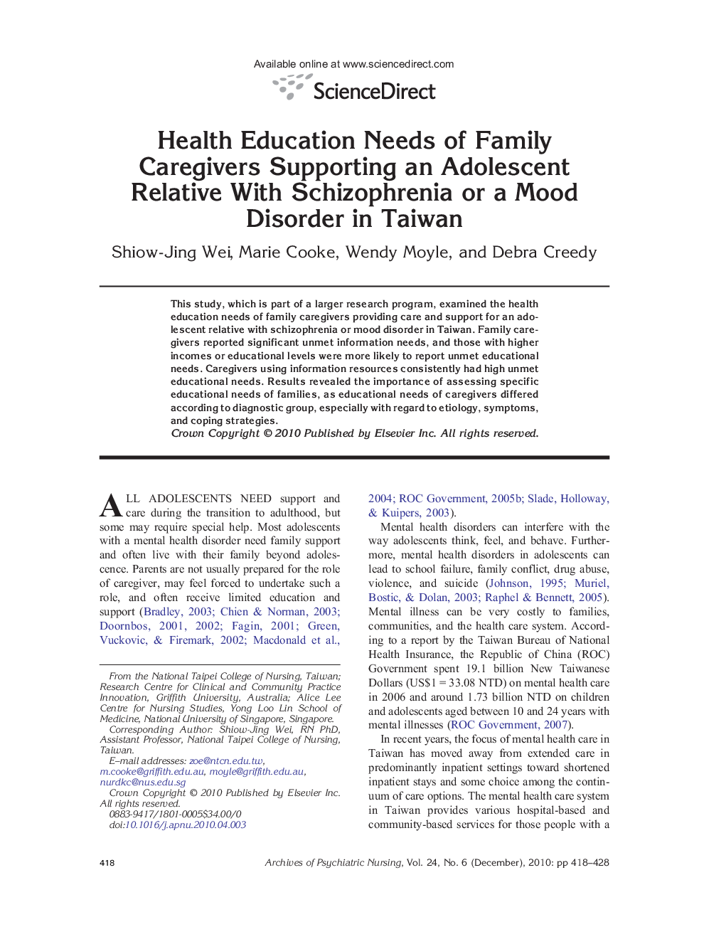 عکس صفحه اول مقاله: Health Education Needs of Family Caregivers Supporting an Adolescent Relative With Schizophrenia or a Mood Disorder in Taiwan Health Education Needs of Family Caregivers Supporting an Adolescent Relative With Schizophrenia or a Mood Disorder in Taiwan