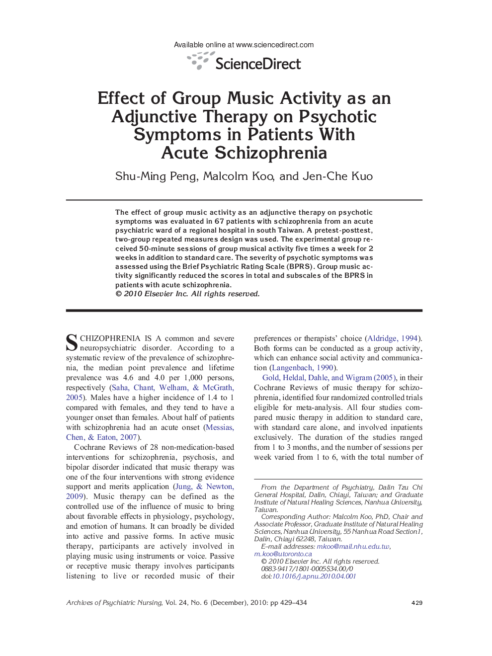 عکس صفحه اول مقاله: Effect of Group Music Activity as an Adjunctive Therapy on Psychotic Symptoms in Patients With Acute Schizophrenia Effect of Group Music Activity as an Adjunctive Therapy on Psychotic Symptoms in Patients With Acute Schizophrenia