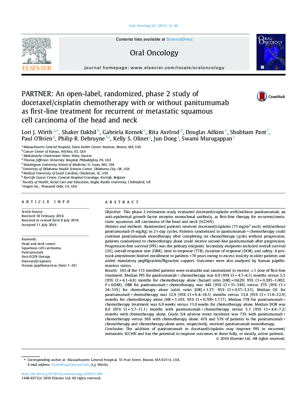 PARTNER: An open-label, randomized, phase 2 study of docetaxel/cisplatin chemotherapy with or without panitumumab as first-line treatment for recurrent or metastatic squamous cell carcinoma of the head and neck