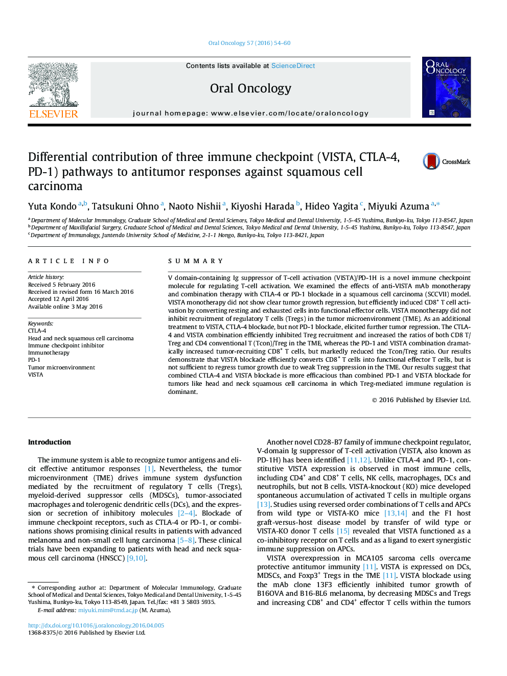 Differential contribution of three immune checkpoint (VISTA, CTLA-4, PD-1) pathways to antitumor responses against squamous cell carcinoma