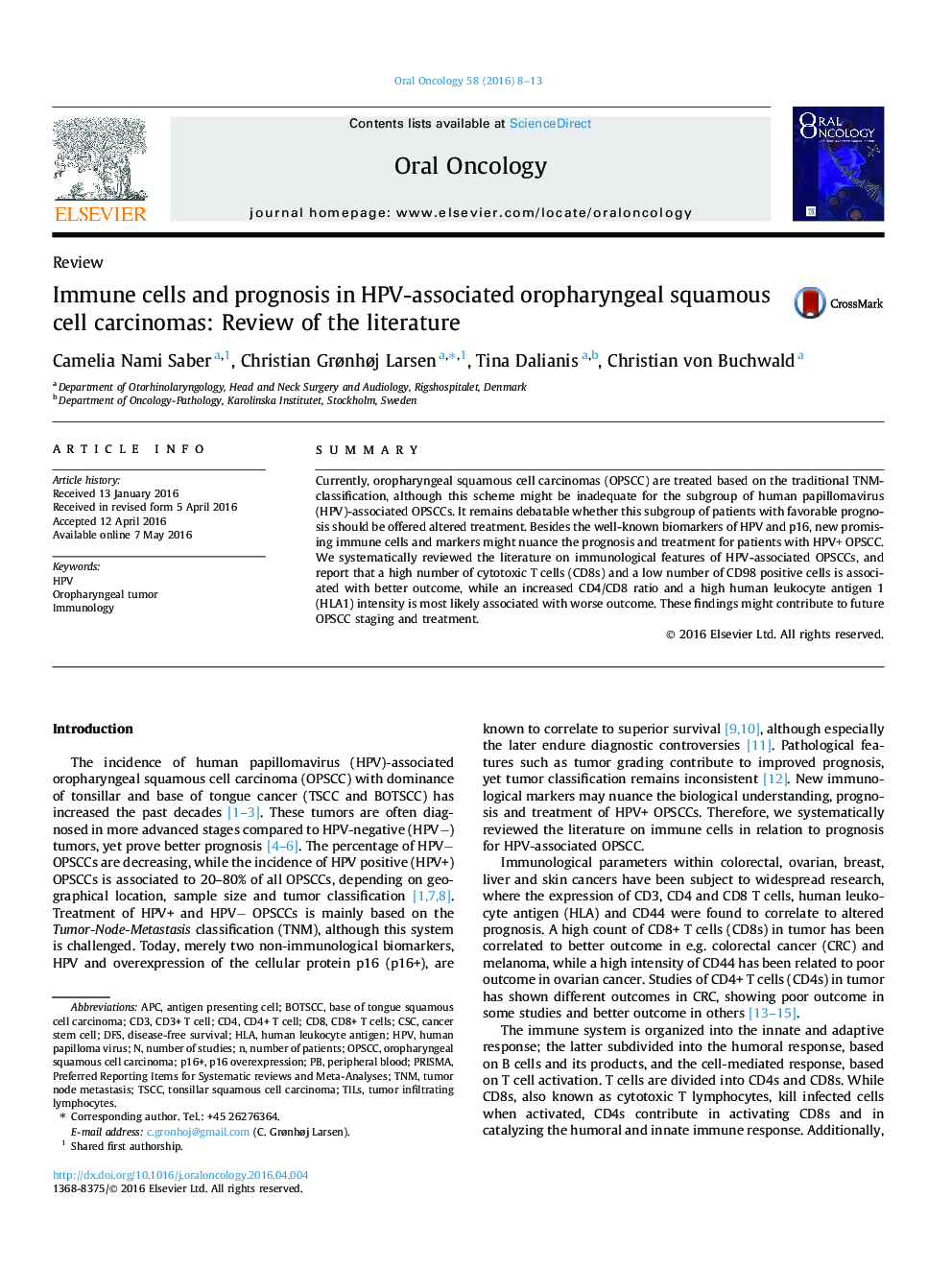 Immune cells and prognosis in HPV-associated oropharyngeal squamous cell carcinomas: Review of the literature