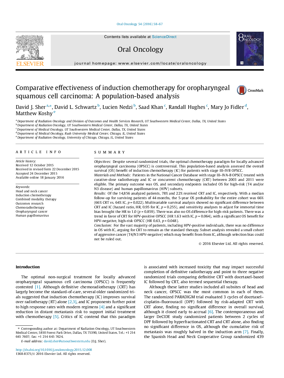 Comparative effectiveness of induction chemotherapy for oropharyngeal squamous cell carcinoma: A population-based analysis