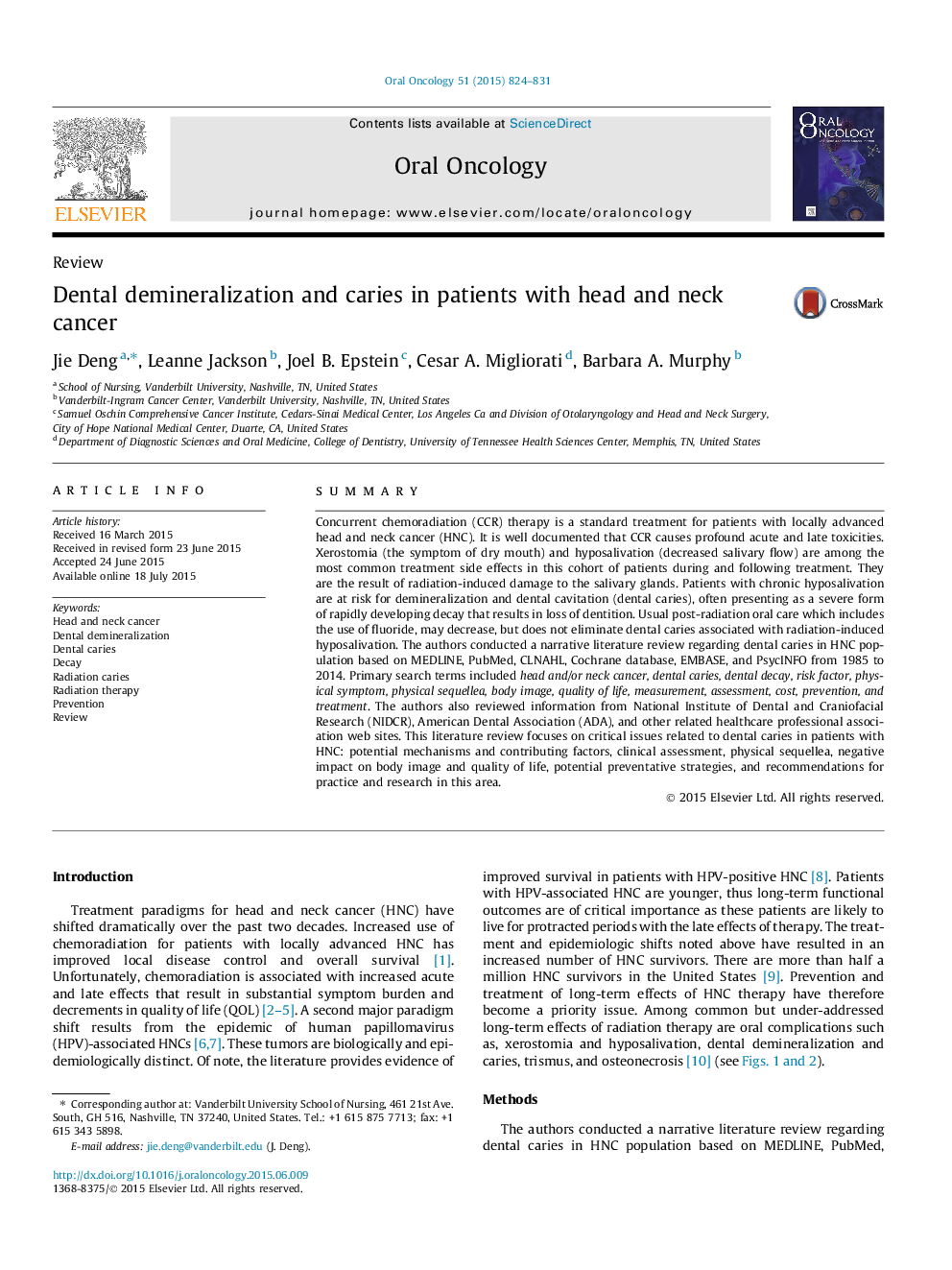 Dental demineralization and caries in patients with head and neck cancer