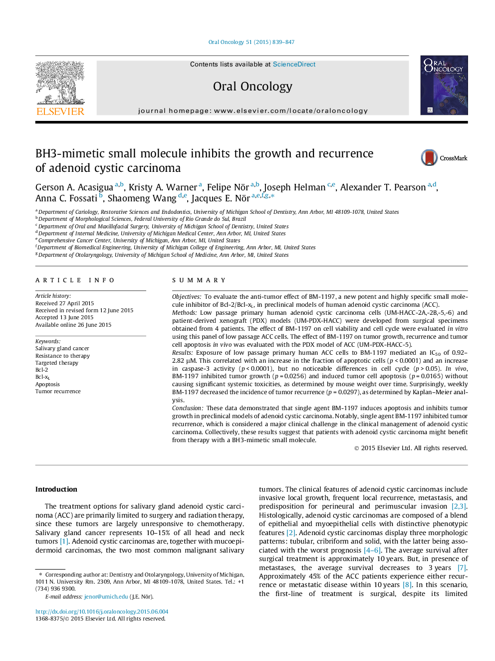 BH3-mimetic small molecule inhibits the growth and recurrence of adenoid cystic carcinoma