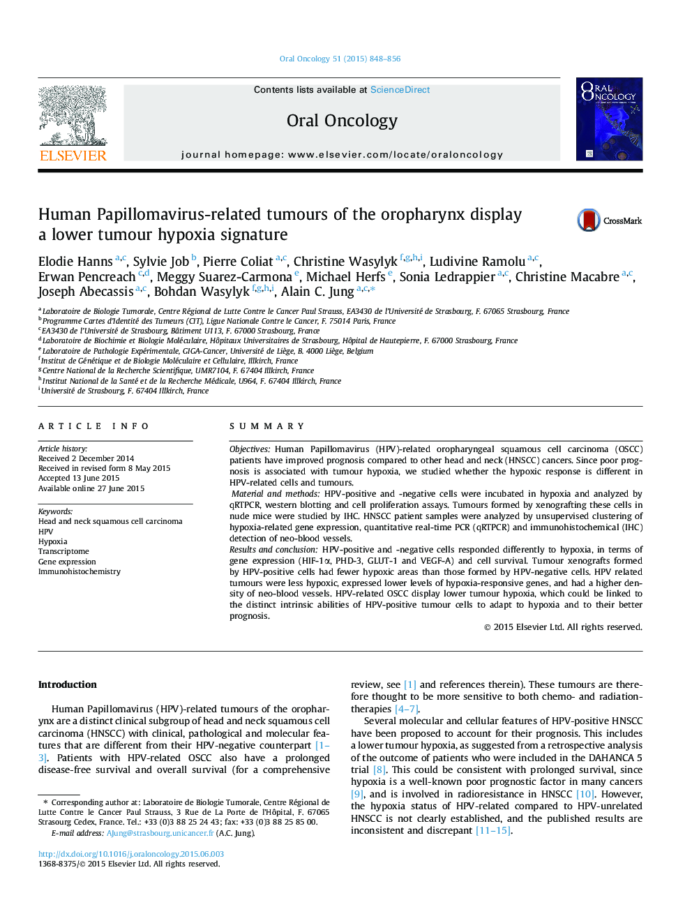 Human Papillomavirus-related tumours of the oropharynx display a lower tumour hypoxia signature