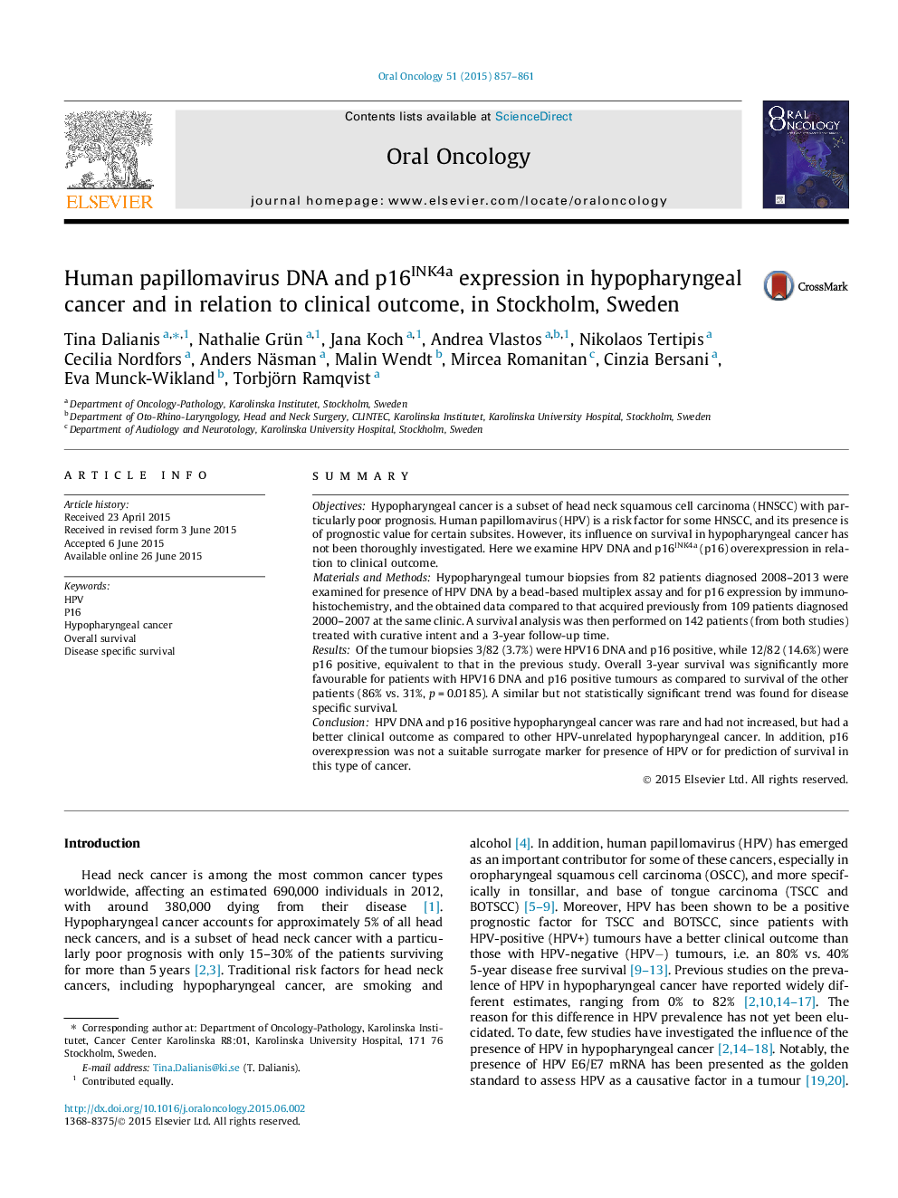 Human papillomavirus DNA and p16INK4a expression in hypopharyngeal cancer and in relation to clinical outcome, in Stockholm, Sweden