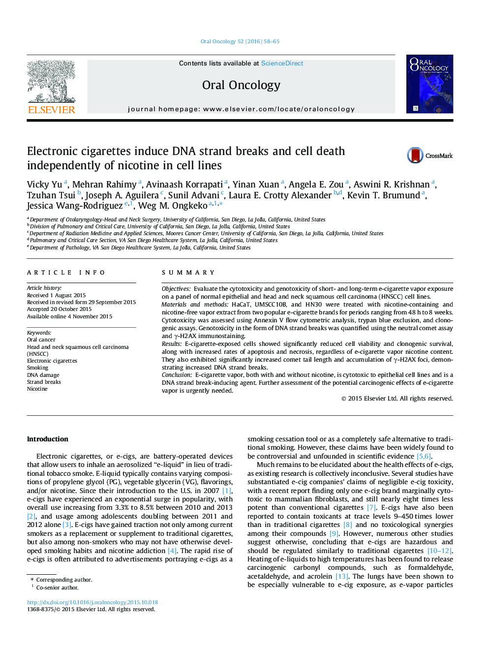 Electronic cigarettes induce DNA strand breaks and cell death independently of nicotine in cell lines