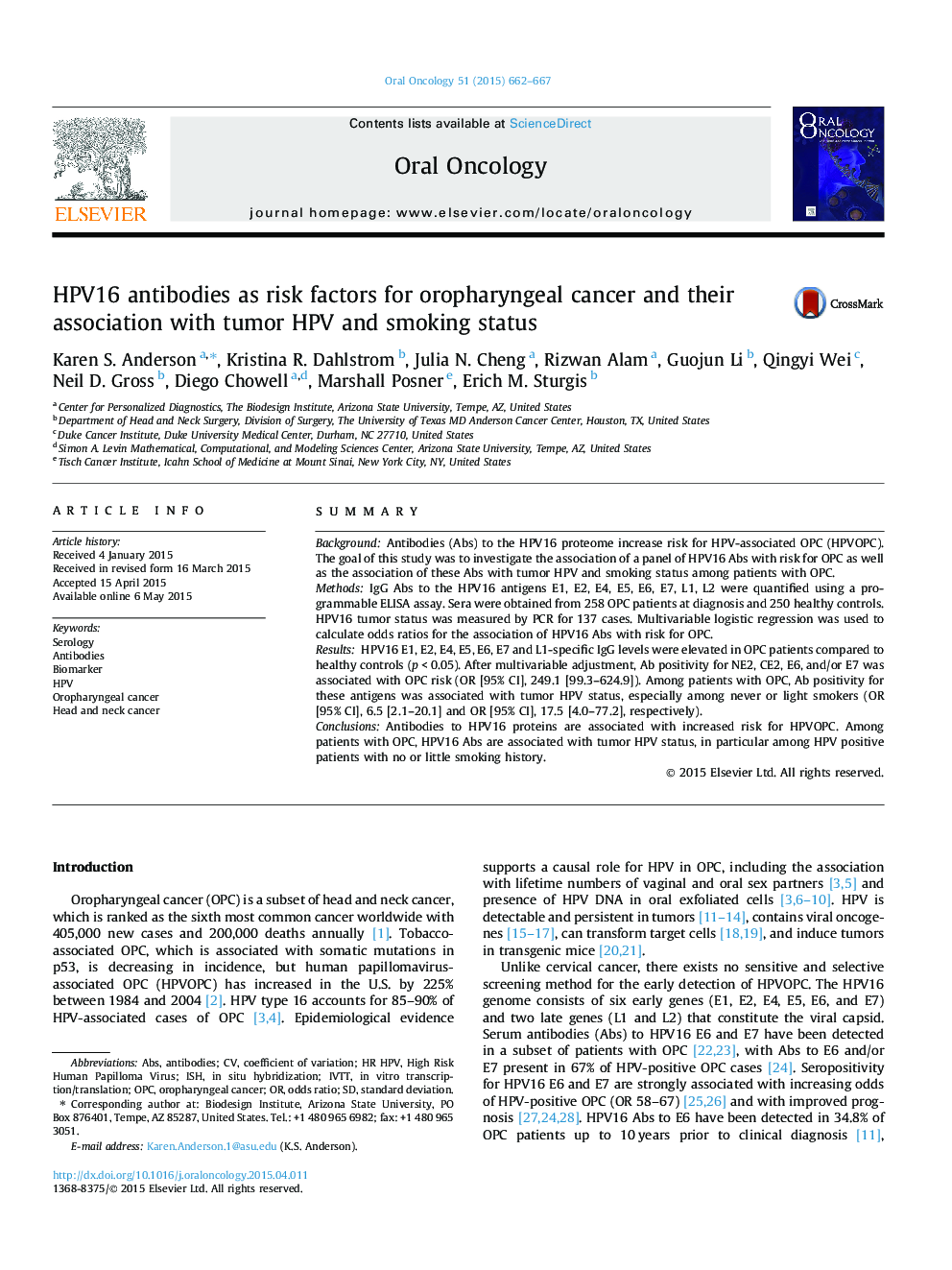 HPV16 antibodies as risk factors for oropharyngeal cancer and their association with tumor HPV and smoking status