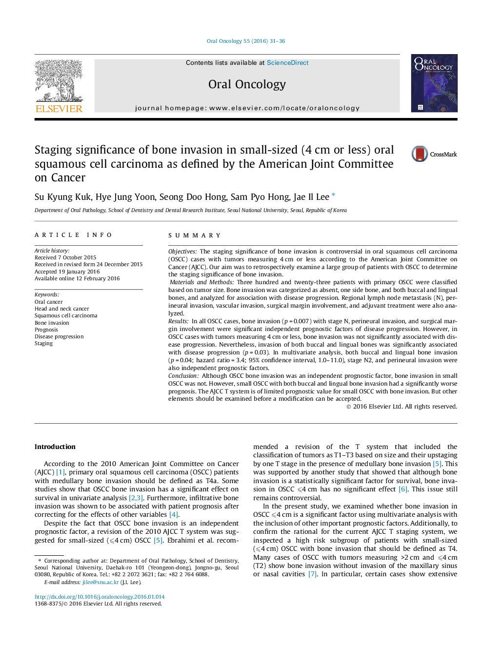 Staging significance of bone invasion in small-sized (4 cm or less) oral squamous cell carcinoma as defined by the American Joint Committee on Cancer