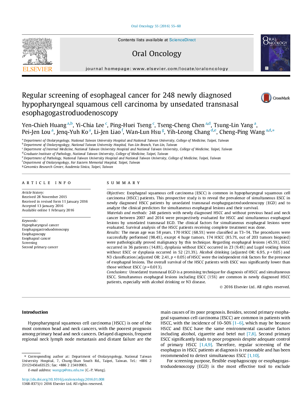 Regular screening of esophageal cancer for 248 newly diagnosed hypopharyngeal squamous cell carcinoma by unsedated transnasal esophagogastroduodenoscopy