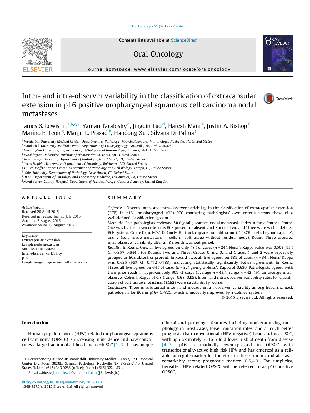 Inter- and intra-observer variability in the classification of extracapsular extension in p16 positive oropharyngeal squamous cell carcinoma nodal metastases