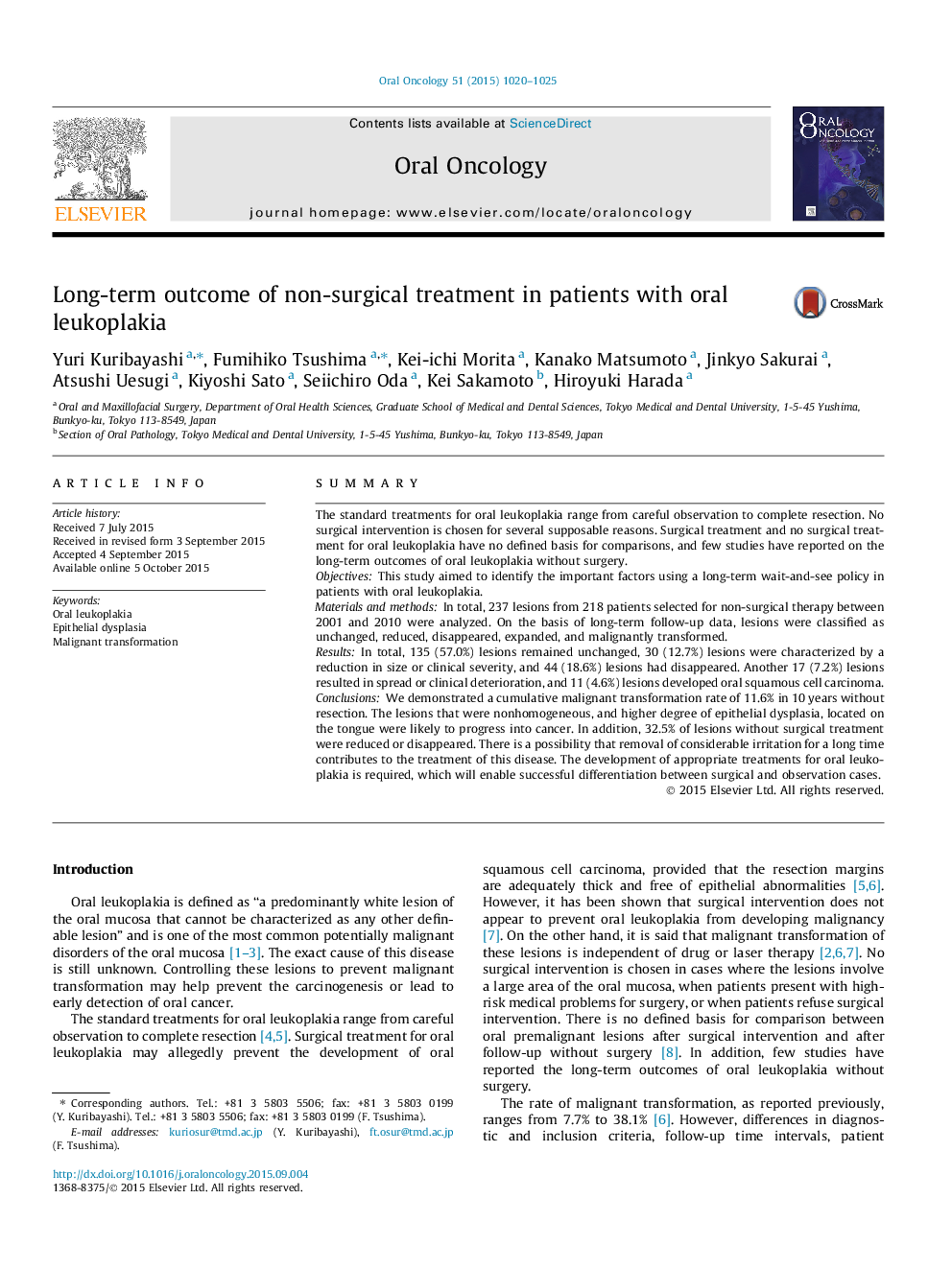 Long-term outcome of non-surgical treatment in patients with oral leukoplakia