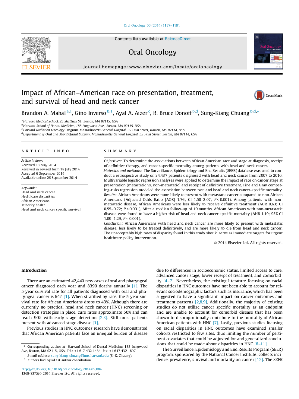 Impact of African–American race on presentation, treatment, and survival of head and neck cancer