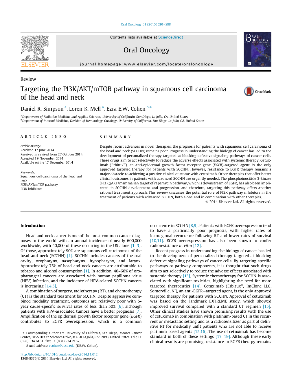 Targeting the PI3K/AKT/mTOR pathway in squamous cell carcinoma of the head and neck